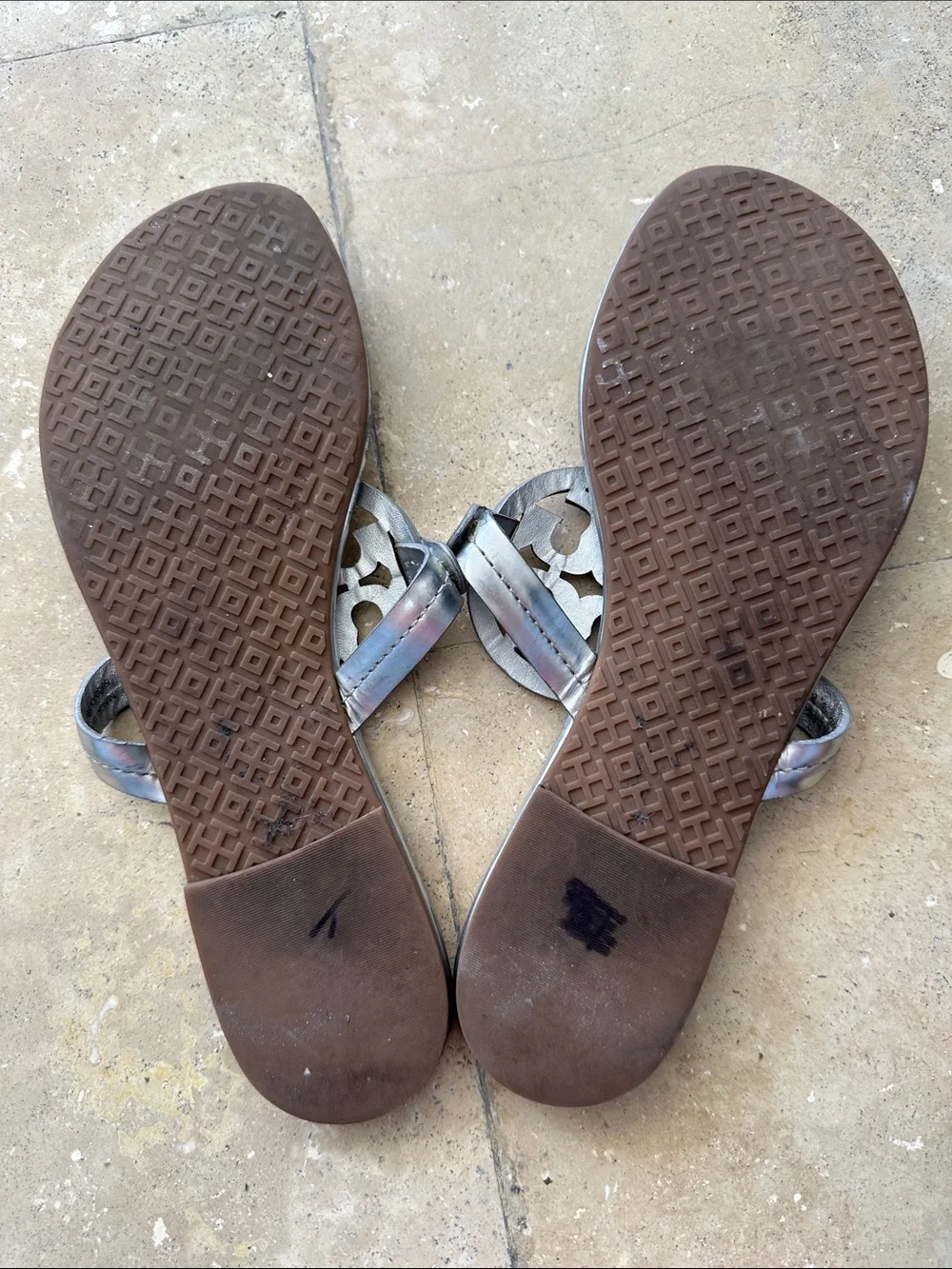 Tory Burch Metallic Charcoal Logo Thong Sandals